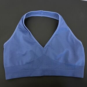 LiCi Fit SZ XL/XXL Blue Halter V-Neck Seamless Sports Bra Ribbed Band Activewear